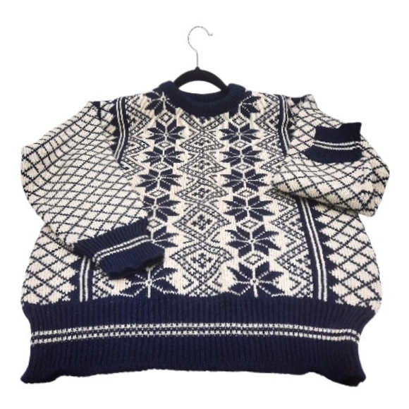 DALE OF NORWAY Wool Sweater Nordic Fair Isle Vintage Knit Navy Blue Cream L 44 - Picture 2 of 9